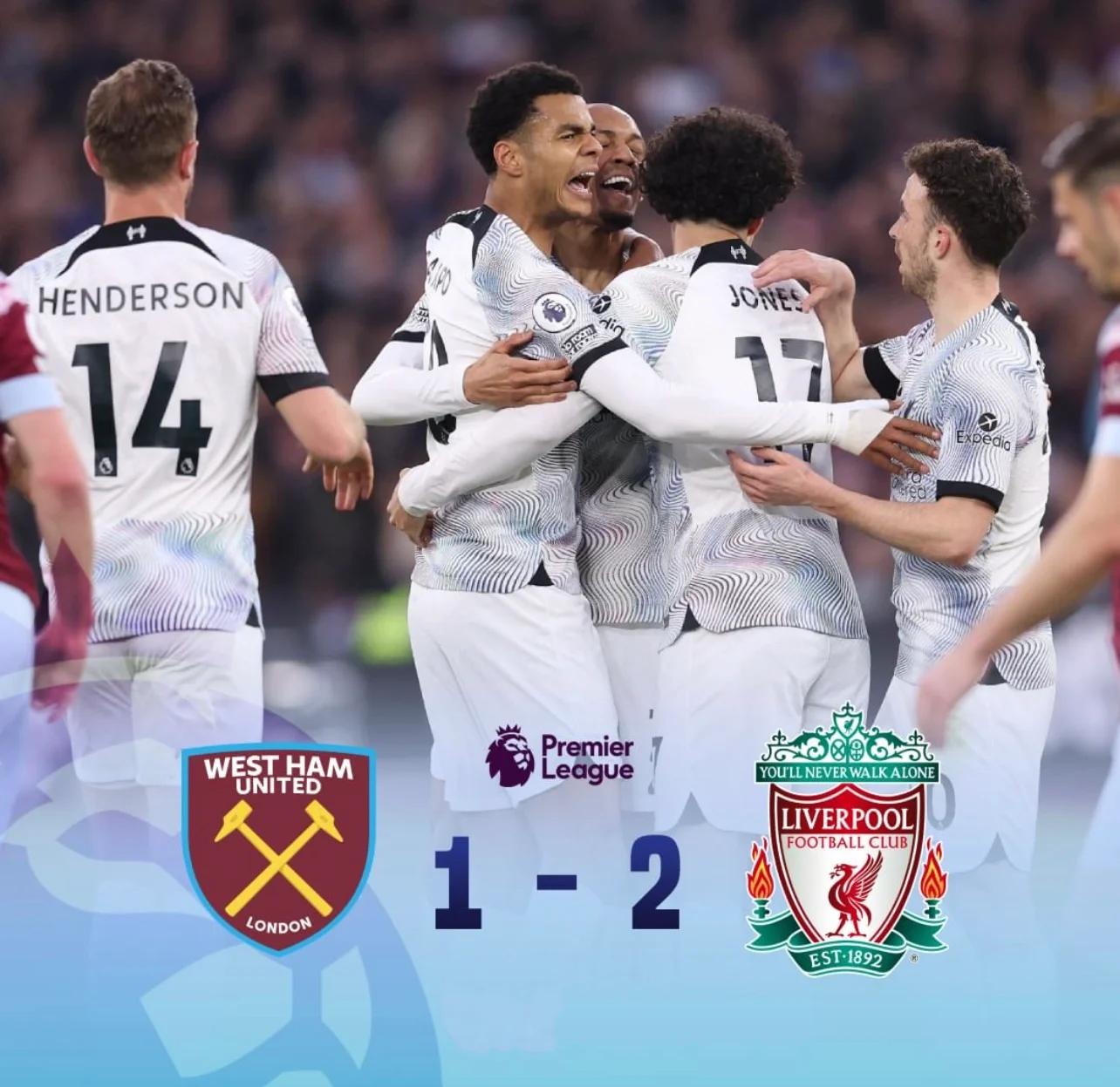 利物浦客场逆转对手，继续领跑积分榜